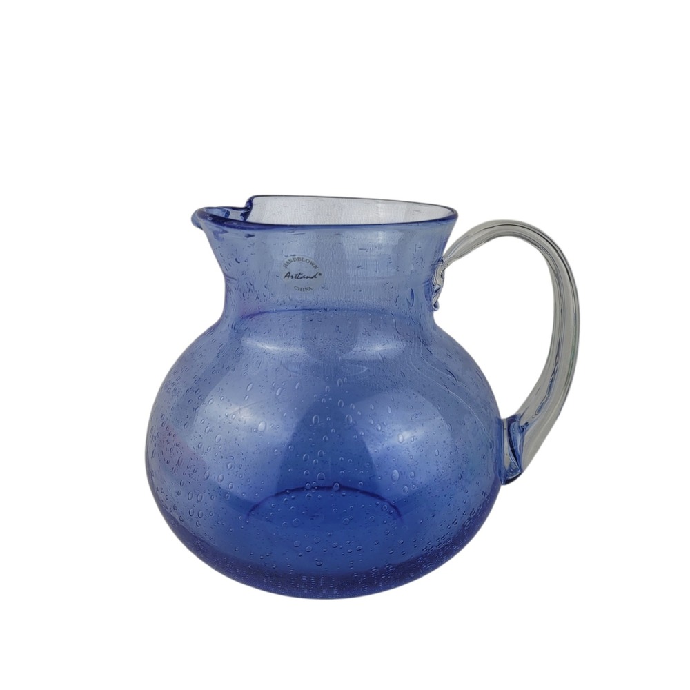 Artland Iris Blue Bubble Glass Pitcher Handblown Seeded Glass Round 7"